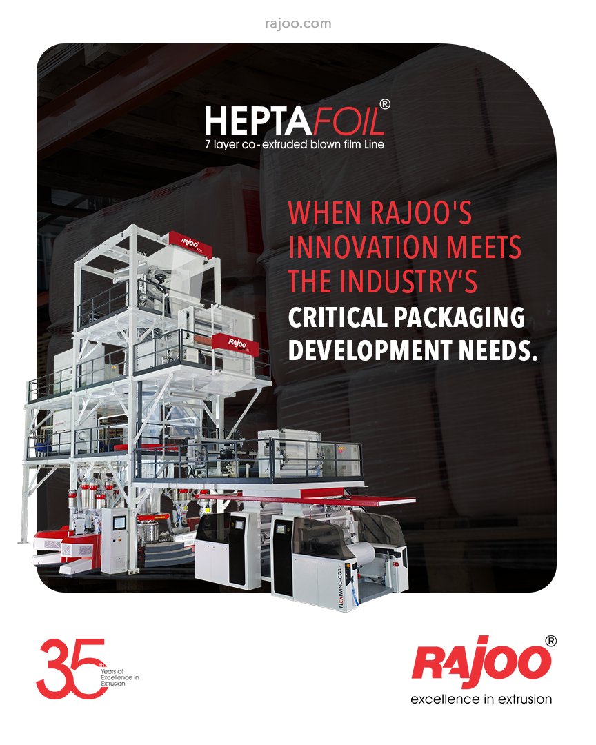 7 layer co-extruded blown film line, Heptafoil, is even used for complex packaging solutions with a maximum output of 1500 kg/hour and lay-flat width ranging from 1500mm to 4500 mm to produce both barrier films and non-barrier films. 
#RajooEngineers #Rajkot #PlasticMachinery https://t.co/1ebeWEH3Eq