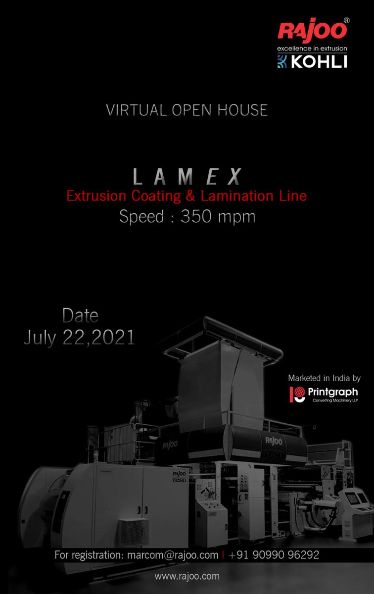 Come & Witness the grandiose working of India’s First Extrusion Coating & Lamination Line, LAMEX.
Open House Details
#RajooEngineers #Rajkot #PlasticMachinery #Machines #PlasticIndustry https://t.co/jjQzE7Z7SI