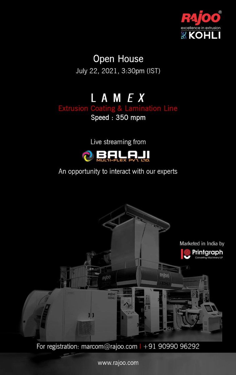 Witness Live streaming from our customer Balaji Multiflex Pvt. Ltd. and ask your questions in an interactive session with our experts.

Block Your Calendar:
Thursday, July 22, 2021
@3:30pm(IST)

Register now: https://t.co/aMlR6toktk

#RajooEngineers #Rajkot #PlasticMachinery https://t.co/qSj3y8dvKV