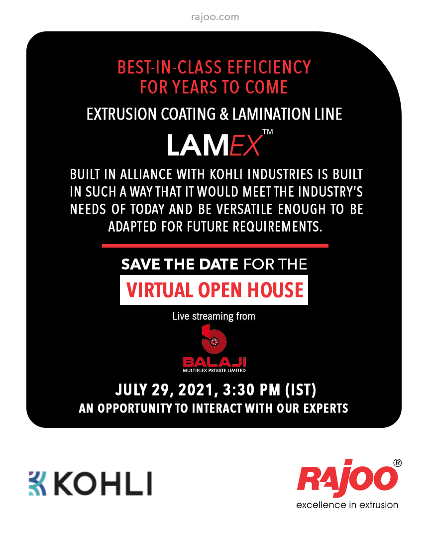 Best-in-class Efficiency for Years to Come!
Extrusion Coating & Lamination Lines, LAMEX built in Alliance with Kohli Industries is built to meet Industry’s needs of present & future.
Register: https://t.co/aMlR6toktk
#VirtualOpenHouse #Lamex #UpcomingEvent #RajooEngineers #Rajkot https://t.co/L7rolC3k5C