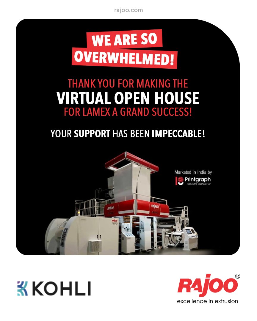 We are overwhelmed and lost for words! The Virtual Open House for our Extruder, Lamex, was a Grand Success.
Thank you for your impeccable support to Rajoo Engineers & LAMEX.
#ThankYou #VirtualOpenHouse #LAMEX #RajooEngineers #Rajkot #PlasticMachinery #PlasticIndustry #Exhibition https://t.co/dqsGcbSqYH