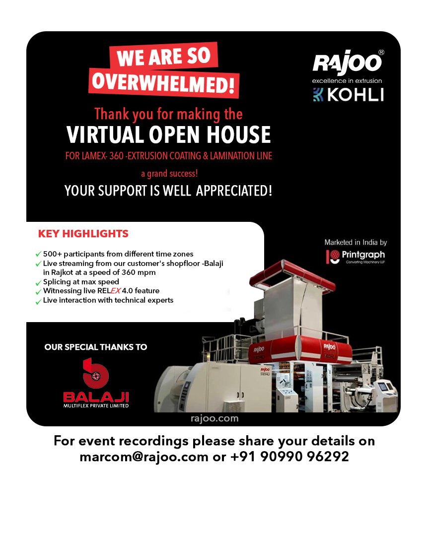 We are overwhelmed and lost for words! The Virtual Open House for our Extruder, Lamex, was a Grand Success.

Thank you for your impeccable support to Rajoo Engineers & LAMEX.

#ThankYou #VirtualOpenHouse #LAMEX #RajooEngineers #Rajkot #PlasticMachinery #Machines #PlasticIndustry https://t.co/zpRa8NEX7X