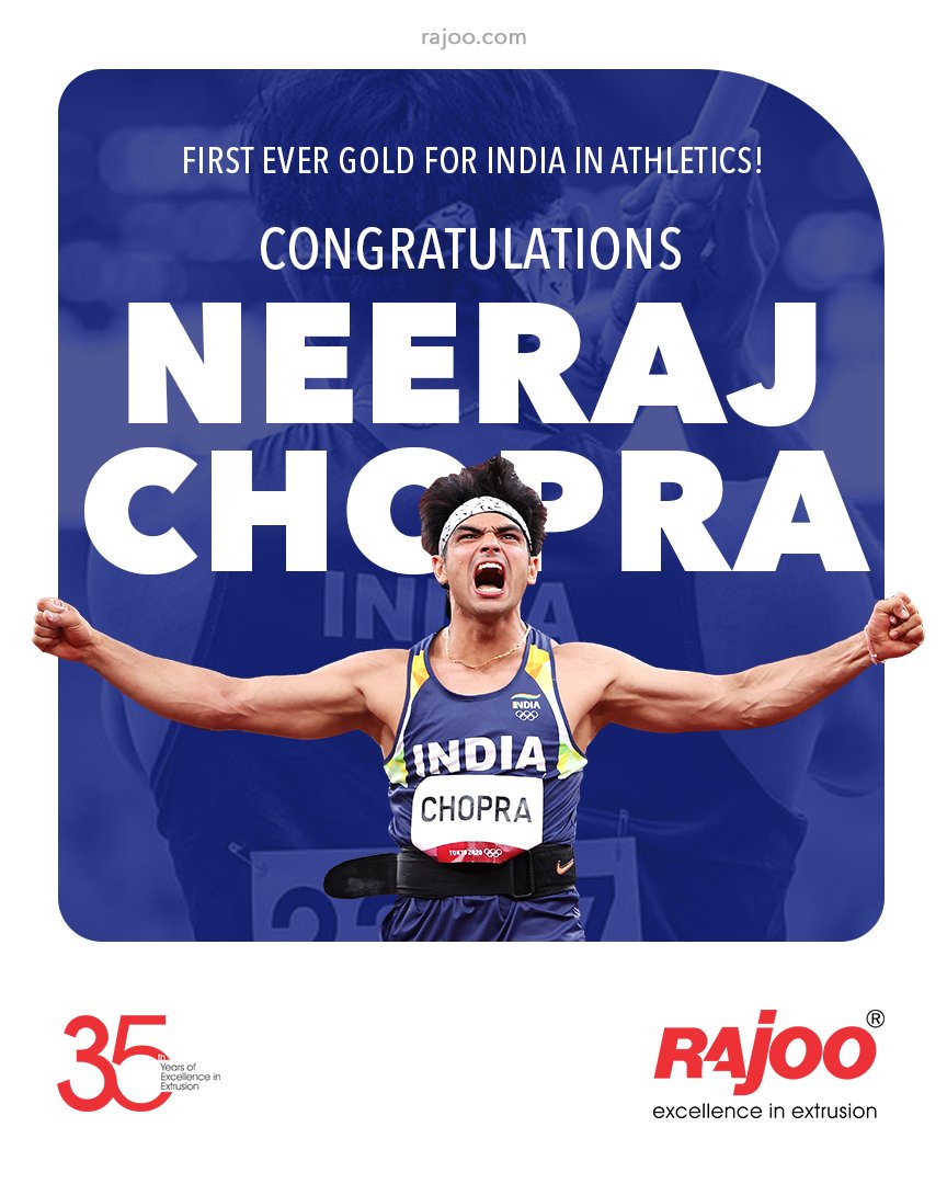 First ever gold for India in Athletics!

Congratulating Neeraj Chopra

#NeerajChopra #JavelinThrow #GoldMedal #Gold #India #Champion #TokyoOlympics #Olympics #Olympics2020 #RajooEngineers #Rajkot #PlasticMachinery #Machines #PlasticIndustry https://t.co/txy6VBRETB