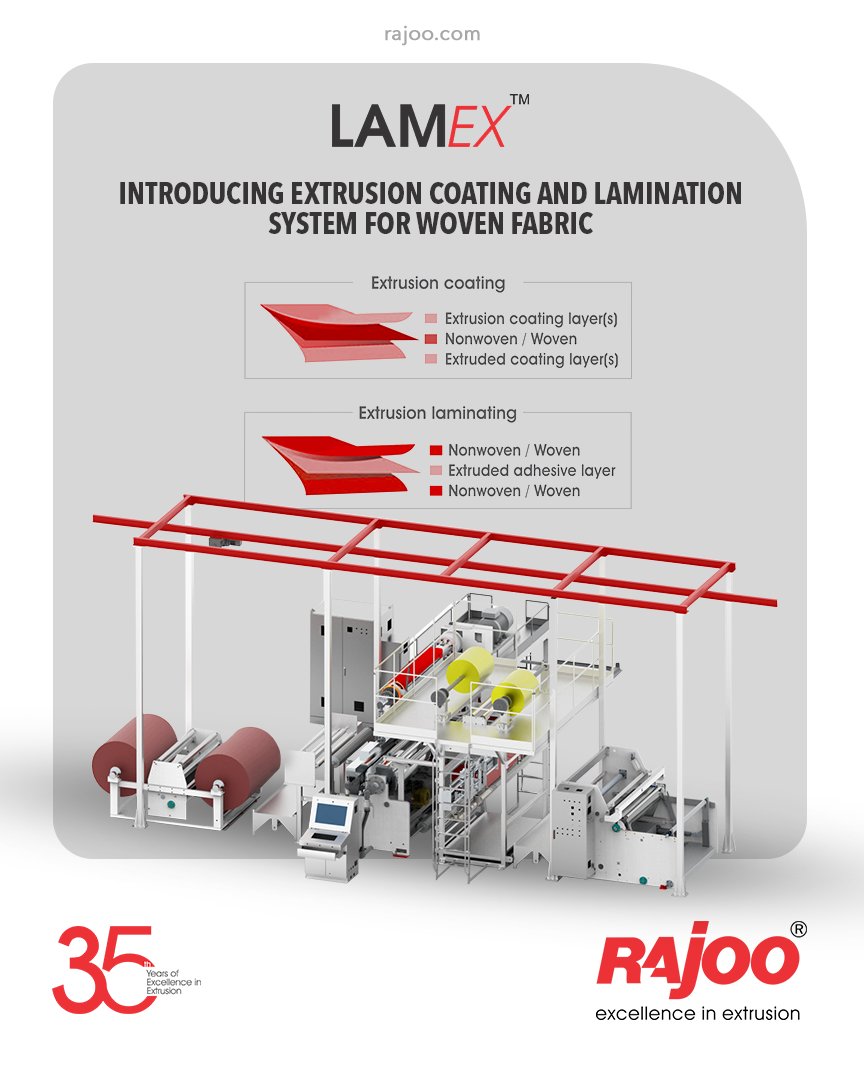 Introducing our Extrusion Coating & Lamination System for the Woven Industry, #LAMEX.

#RajooEngineers #Rajkot #PlasticMachinery #Machines #PlasticIndustry https://t.co/Tcm8TeGE8e