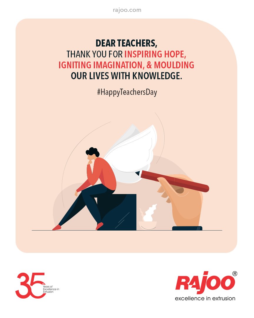 Dear Teachers, Thank you for Inspiring Hope, Igniting Imagination, & Moulding our Lives with Knowledge.

#HappyTeachersDay #TeachersDay2021 #TeachersDay #DrSarvepalliRadhakrishnan #BirthAnniversary #RajooEngineers #Rajkot #PlasticMachinery #Machines #PlasticIndustry https://t.co/miOCG5ogkz