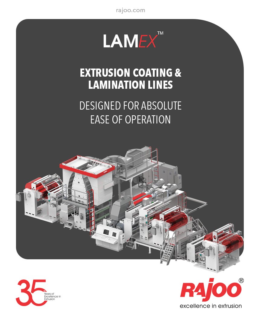 LAMEX series of extrusion coating and lamination lines are designed for absolute ease of operation and are available in a host of configurations to suit individual customer's requirements for width, line speed from & lamination of various substrates. 

#RajooEngineers #Rajkot https://t.co/WwpG3kw4XQ