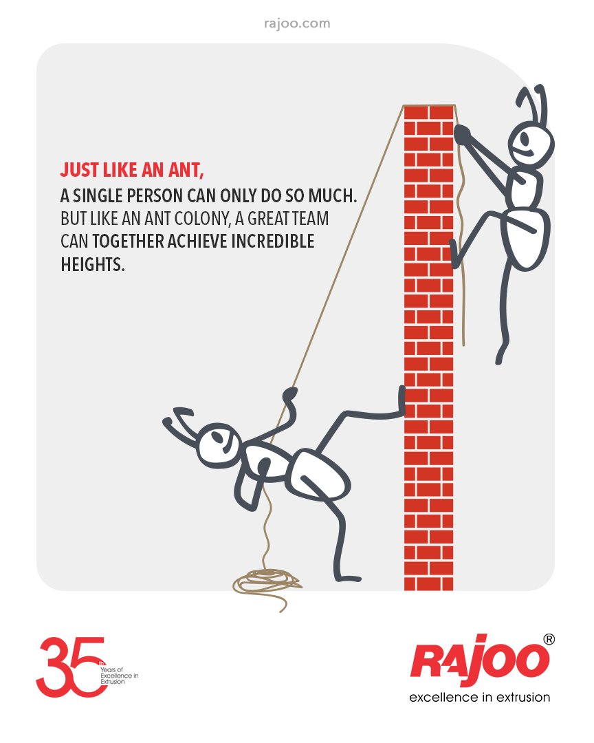 Just like an ant, a Single Person can only do so much. But like an Ant Colony, a Great Team can together Achieve Incredible Heights.

#QOTD #RajooEngineers #Rajkot #PlasticMachinery #Machines #PlasticIndustry https://t.co/2CKVsiCCt2