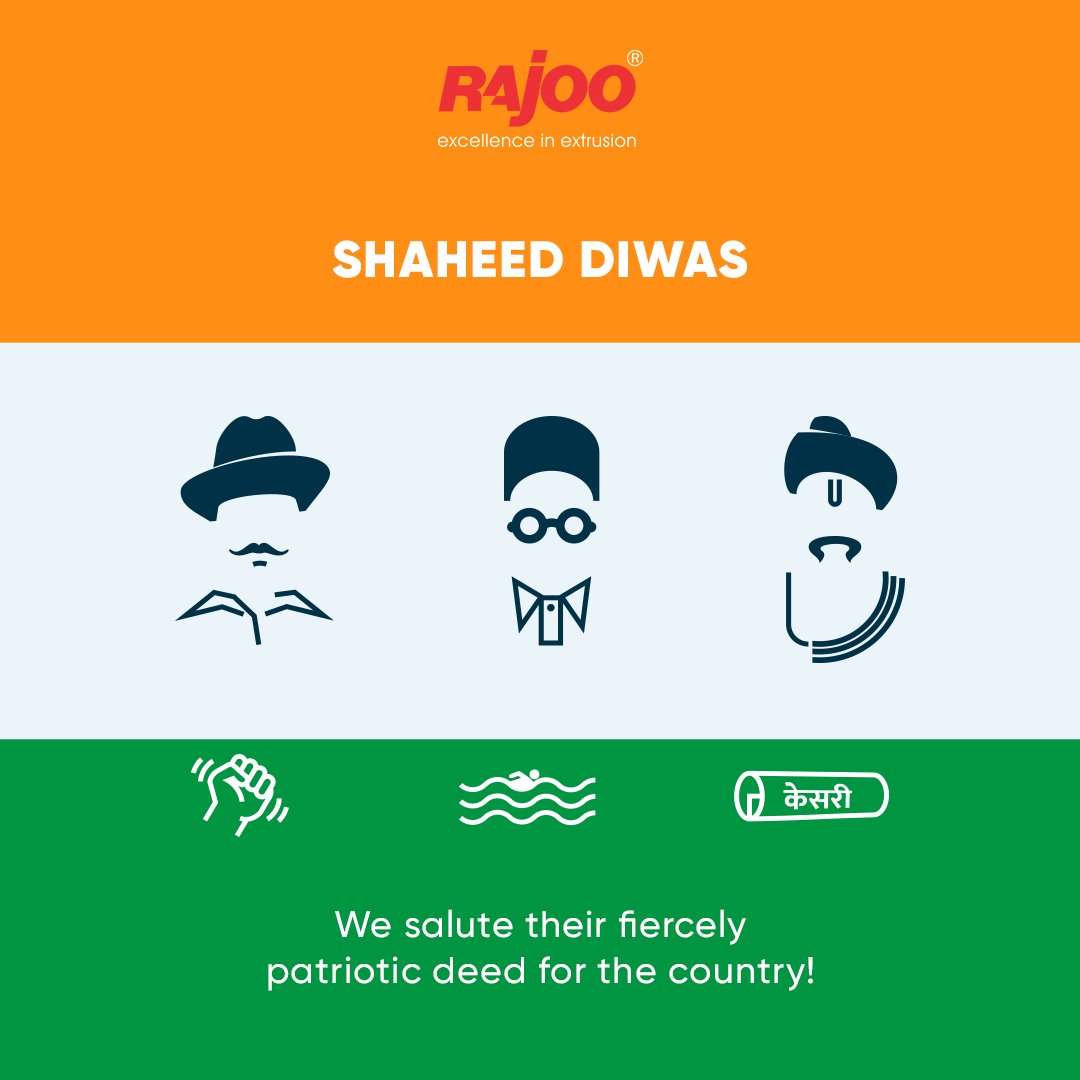 We salute their fiercely patriotic deed for the country!

#ShaheedDiwas #RememberTheMartyrs #BhagatSingh #Rajguru #Sehdev #ShaheedDiwas2022 #RajooEngineers #Rajkot #PlasticMachinery #Machines #PlasticIndustry https://t.co/k1p9wXfeQf