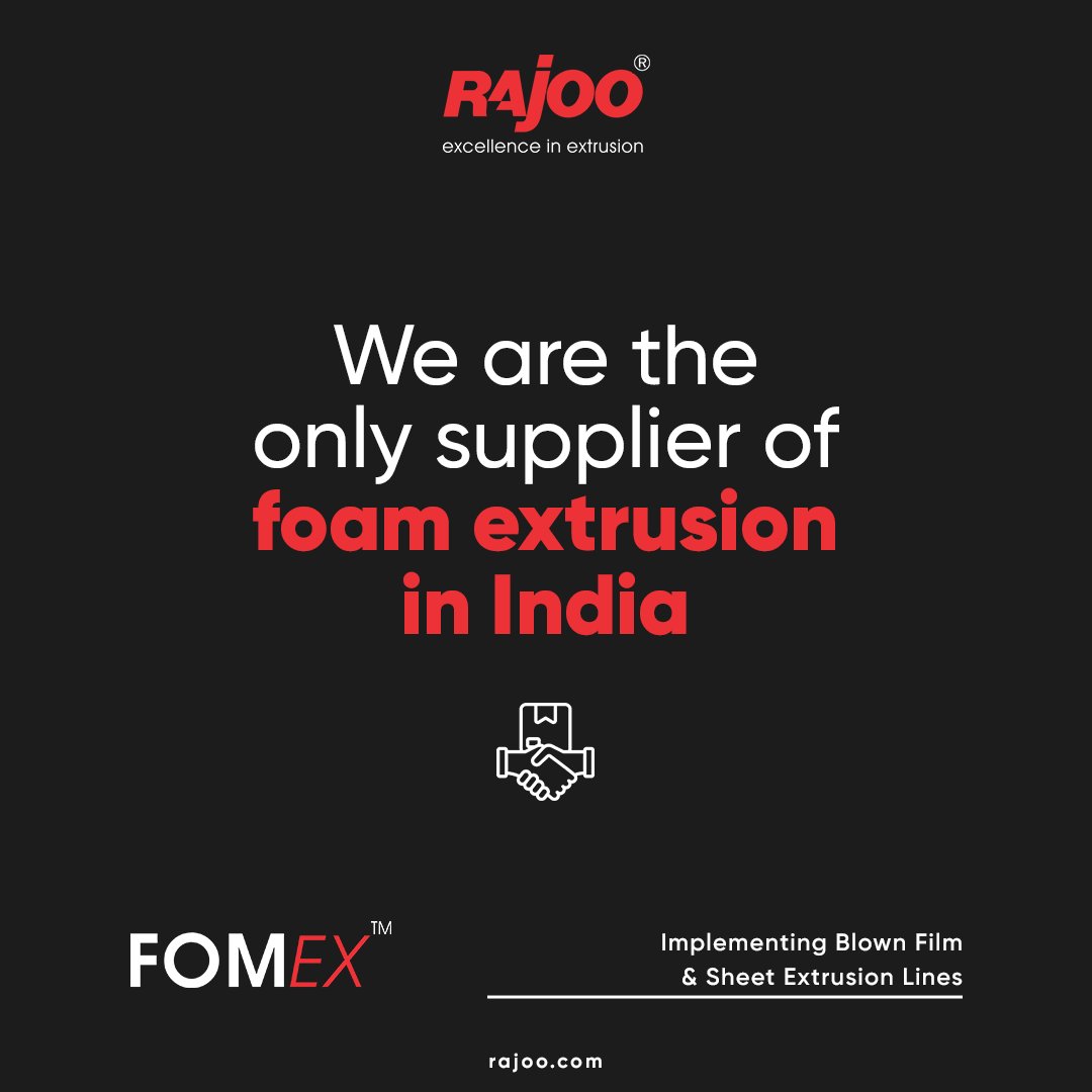 At Rajoo Engineers, 
We are the only supplier in India for foam extrusion lines christened Fomex using both blown film (Fomex – B) and sheet extrusion  (Fomex – S) process. 

Visit our website,
https://t.co/dDppgGyI3V

#FOMEX #RajooEngineers #Rajkot #PlasticMachinery #Machines https://t.co/NKWo0oeUD4