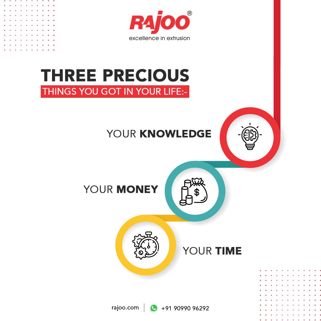 Life has bestowed upon us the three most valuable possessions. It is up to us to decide how we will use them. If we make a mistake with any of them, we will lose it forever.

Make a wise decision in your life!

#RajooEngineers #Rajkot #PlasticMachinery #Machines #PlasticIndustry https://t.co/9HuLYT19kq