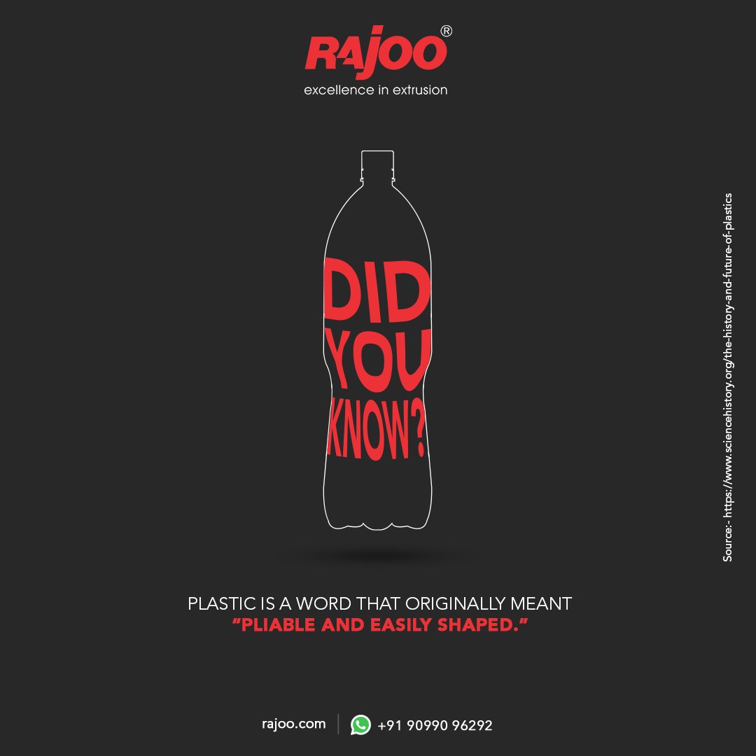 Did you know?
Plastic is a word that originally meant “pliable and easily shaped.”

For more interesting information about it visit the website.
Source:-
https://t.co/MOaboQIeeX

#DidYouKnow #Plastic #LeoBaekeland  #RajooEngineers #Rajkot #PlasticMachinery #Machines https://t.co/A21z2lMlJg