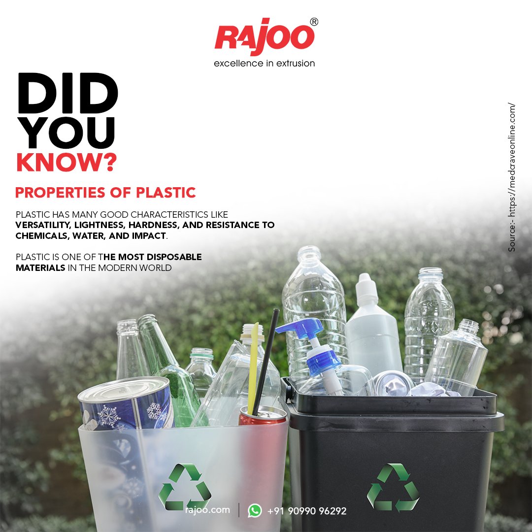 Did you know?
Properties of plastic

-Plastic has many good characteristics like versatility, lightness, hardness, and resistance to chemicals, water, and impact.

-Plastic is one of the most disposable materials in the modern world

#RajooEngineers #Rajkot #PlasticMachinery https://t.co/qEOj6QjUsE