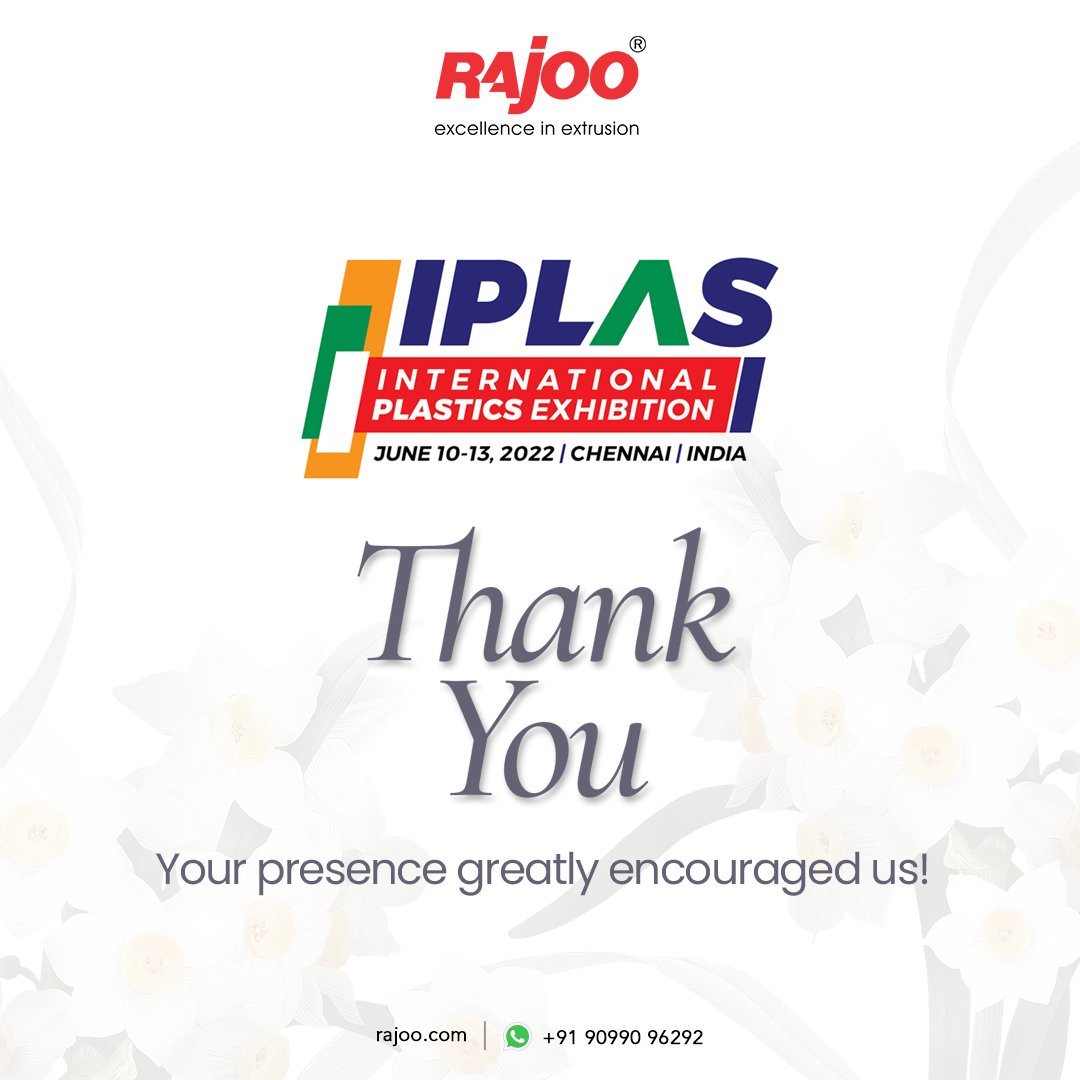 Thank you for your participation in IPLAS 2022. Your presence motivated us a lot. Will look forward to meeting you next year!

#IPLAS2022 #ThankYou #ForYourPresence #RajooEngineers #Rajkot #PlasticMachinery #Machines #PlasticIndustry https://t.co/zRUuBZES3s