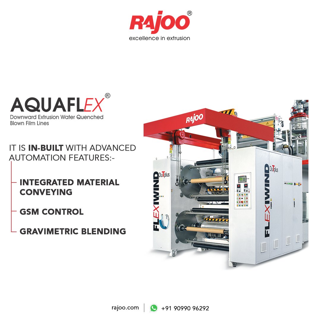 AQUAFLEX is a versatile extruder because of its most advanced automation features like integrated material conveying, gsm control, gravimetric blending, and many more. 

AQUAFLEX caters to the requirement of packaging needs. 

#RajooEngineers #Rajkot #PlasticMachinery #Machines https://t.co/dTUdvAw6Yf
