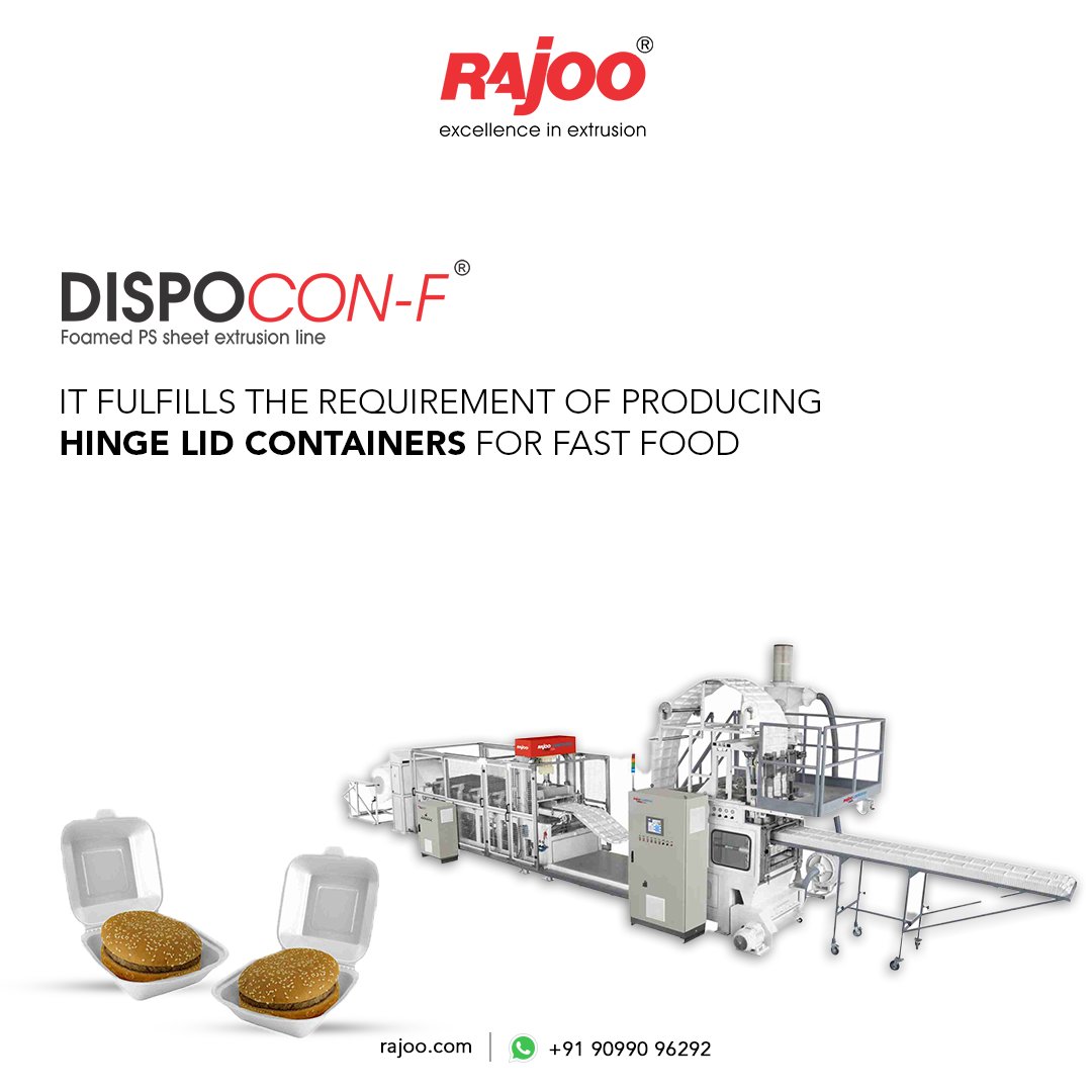 A Hinge lid container for fast food is utilized to provide a tight closure, preserving the flavour and freshness of food packed inside.

Dispocon F meets the requirement of creating Hinge Lid containers for packing fast food.

#Dispocon #RajooEngineers #Rajkot #PlasticMachinery https://t.co/mUSDlo0qsF
