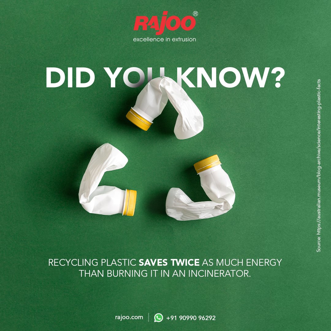 Did you know?

Recycling plastic saves twice as much energy than burning it in an incinerator.

#DidYouKnow #AboutPlastic #RajooEngineers #Rajkot #PlasticMachinery #Machines #PlasticIndustry https://t.co/lXIVTodkwN