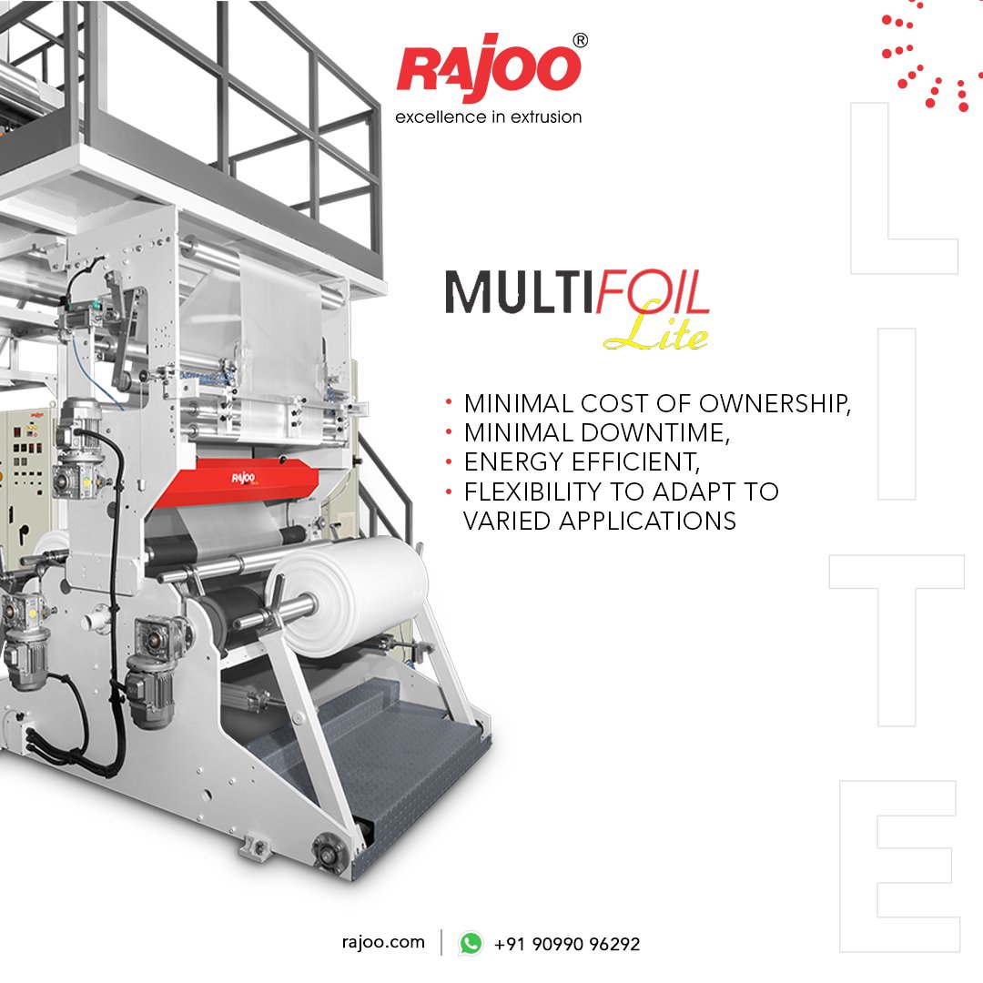Multifoil lite ensures a sustained competitive advantage for its customers with the trademark of quality. It gives an outstanding output range of 250 kg/hr to 1500 kg/hr and lay-flat width ranging: from 1200mm to 5000mm.

#RajooEngineers #Rajkot #PlasticMachinery #Machines https://t.co/9YhynWnr2y