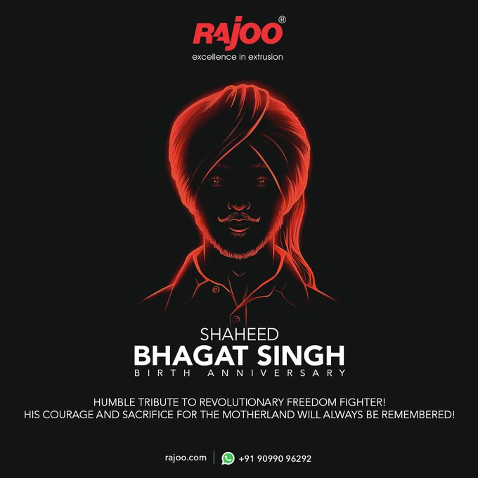 Humble Tribute to Revolutionary Freedom Fighter!<br />His courage and sacrifice for the motherland will always be remembered!<br /><br />#BirthAnniversary #ShaheedBhagatSingh #FreedomFighter #JaiHind #RajooEngineers #Rajkot #PlasticMachinery #Machines #PlasticIndustry