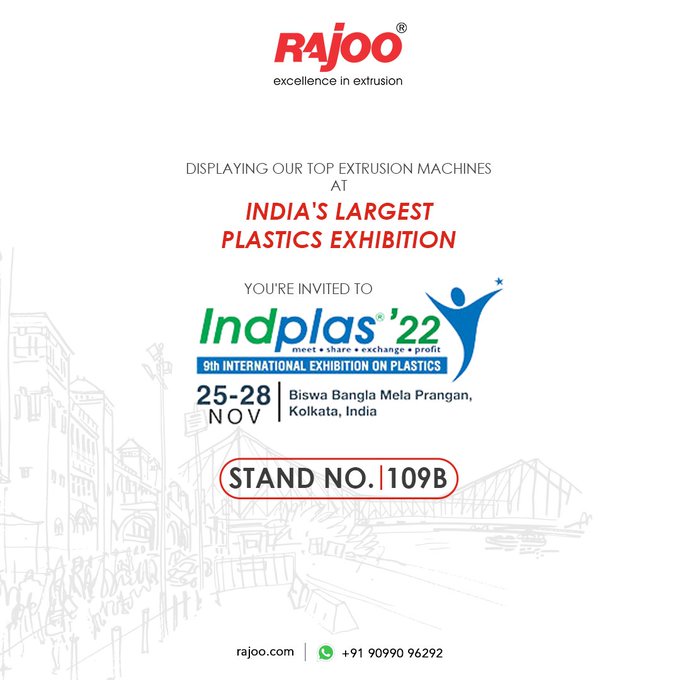 We are cordially inviting you to visit our stall at INDPLAS 2022 from 25th November to 28th November.<br /><br />STAND NO. 109B<br /><br />#Indplas #RajooAtIndplas #RajooEngineers #Rajkot #PlasticMachinery #Machines #PlasticIndustry