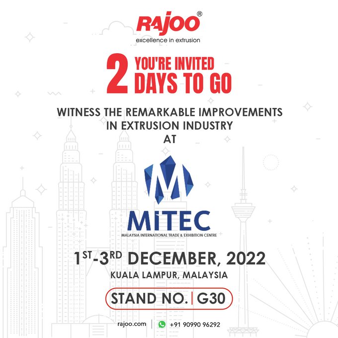 Are you ready to witness the latest improvements in the extrusion industry? <br /><br />Come, let us meet eye-to-eye at Stand No. G30 MITEC Malaysia International Trade & Exhibition Centre. <br /><br />Date: 01-03 December 2022<br />STAND NO: G30<br />Kuala Lampur, Malaysia  <br /><br />#MITEC #Malaysia