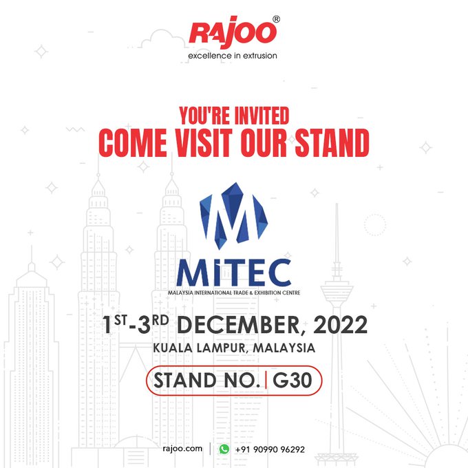 Come talk with us at our booth,  G30. Witness the latest improvements in the extrusion industry. <br /><br />Date: 01-03 December 2022<br />STAND NO: G30<br />Kuala Lampur, Malaysia  <br /><br />#MITEC #Malaysia #InternationalTradefair #LatestImprovements #ExtrusionIndustry #RajooAtMITEC #MITEC #Machines