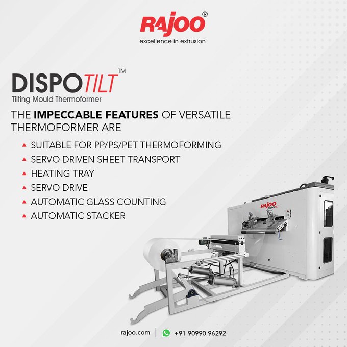 The versatile thermoformer's impeccable features, which make it exceptional in use, result in an outstanding output.<br /><br />For more information, <br />Visit our website,<br />https://rajoo.com/dispotilt.html<br /><br />#Dispotilt #Thermoformer #OutstandingOutput #RajooEngineers #Rajkot #PlasticMachinery #Machines