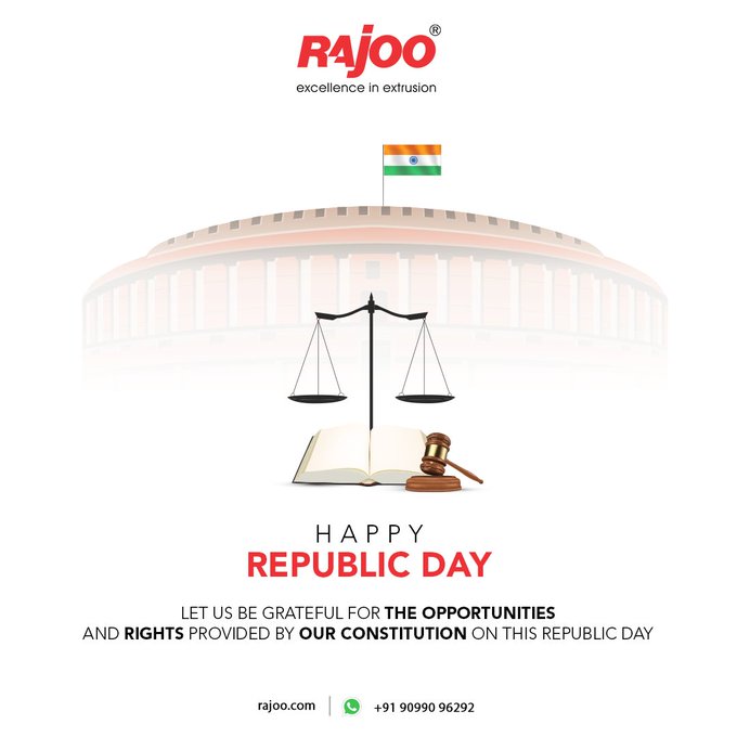 Let us be grateful for the opportunities and rights provided by our Constitution on Republic Day<br /><br />#HappyRepublicDay #RepublicDayofIndia #RepublicDay2023 #74thRepublicDay #RepublicDayWishes #IndianCelebrations #RajooEngineers #Rajkot #PlasticMachinery #Machines #PlasticIndustry