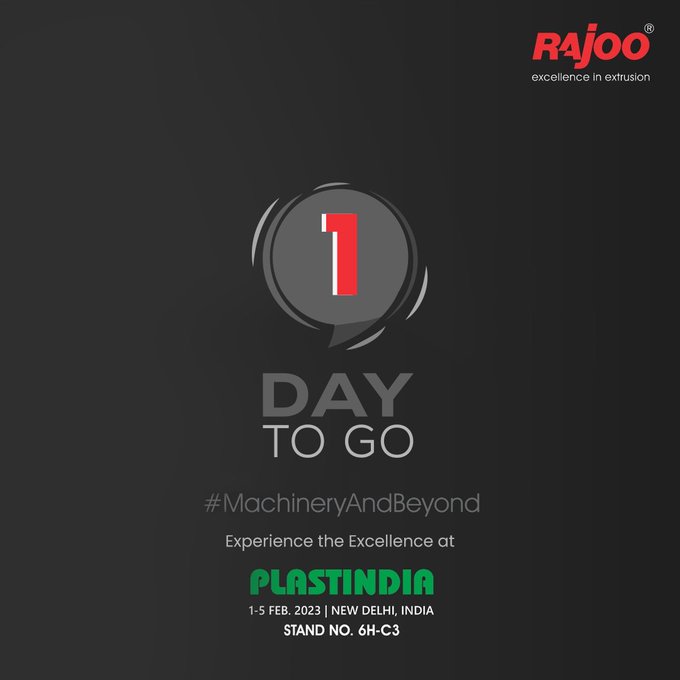 Countdown starts!<br /><br />Just one day to go!<br /><br />#PlastIndia #1DaysToGo #RajooAtPlastIndia #PlasticExhibition #MachineryAndBeyond #RajooEngineers #Rajkot #PlasticMachinery #Machines #PlasticIndust