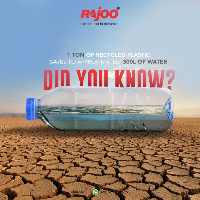 Did you know?<br /><br />1 ton of recycled plastic saves equivalent to approximately 300L of water<br /><br />#DidYouKnow #Recycle #Water #SaveWater #Sustainable #Future #Plastic #RajooEngineers #Rajkot #PlasticMachinery #PlasticIndustry #Machines