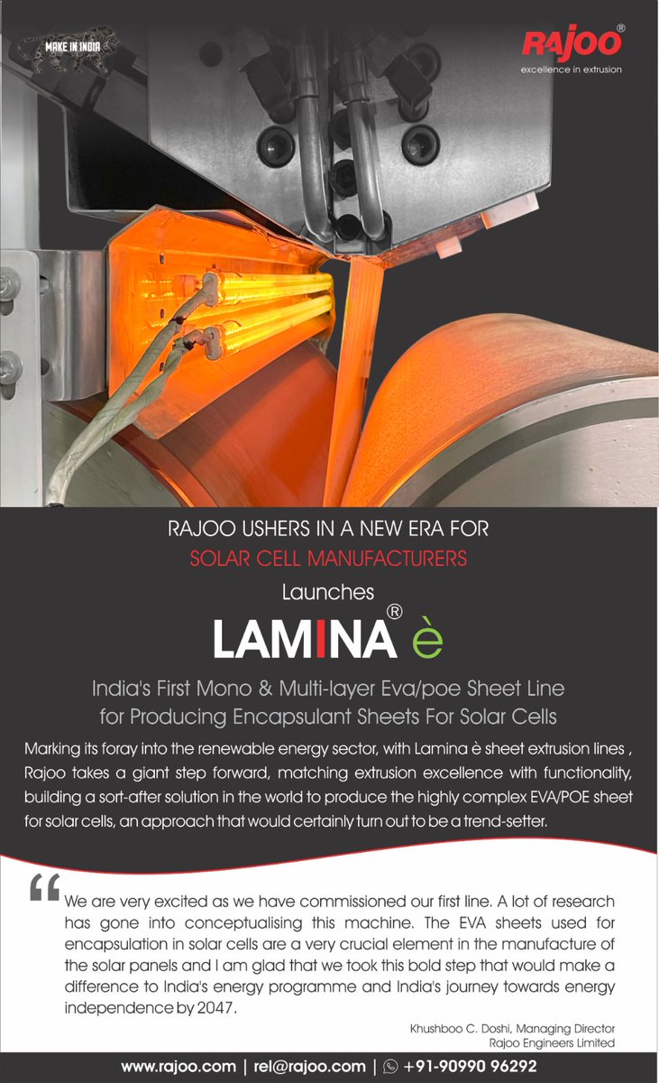 India's first mono and multi-layer Eva line for production of encapsulation sheets for solar cells has been commissioned, marking a significant step towards India's energy independence by 2047. <br /><br />https://rajoo.com/lamina-e.html<br /><br />#LaminaE' #RajooEngineers #PlasticMachinery #Machines