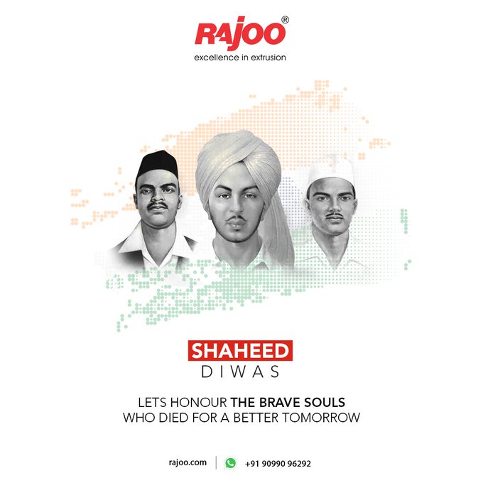 Lets honour the brave souls who died for a better tomorrow<br /><br />#ShaheedDiwas #MartyrsDay #Bhagatsingh #Rajguru #Sukhdev #India #Salute #Freedom #Freedomfighter #SalutingTheBrave #Tribute #CourageousSonsOfIndia #RajooEngineers #Rajkot #PlasticMachinery #Machines #PlasticIndustry