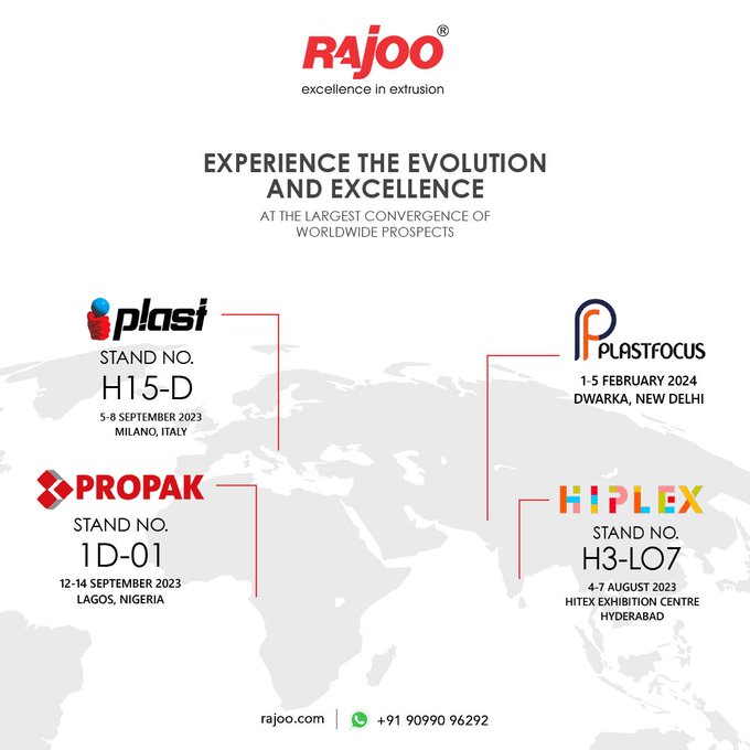 Experience the pinnacle of extrusion innovation and advancement at global exhibitions in Milano (Italy), Delhi (India), Hyderabad (India) and Lagos (Nigeria). <br /><br />#Plastfocus2023 #Plasi2023 #Propak2023 #Hiplex2023 #RajooEngineers #Rajkot #PlasticMachinery #PlasticIndustry