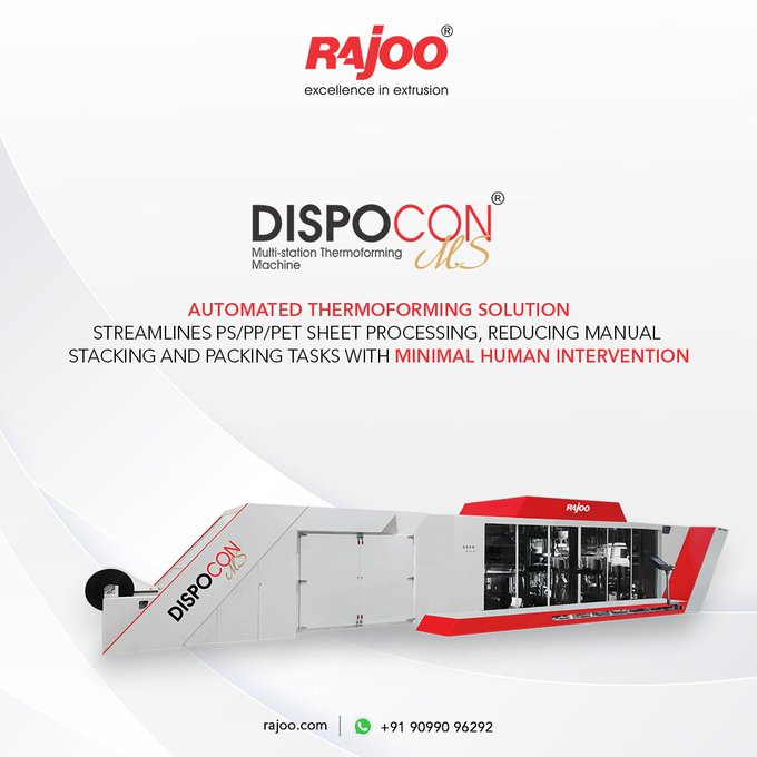 This automated solution streamlines PS/PP/PET sheet processing by reducing manual stacking and packing tasks with minimal human intervention. <br />https://rajoo.com/dispocon_ms.html <br /><br />#RajooEngineers #Automated #Thermoforming #Human #Intervention #Rajkot #PlasticMachinery #Machines