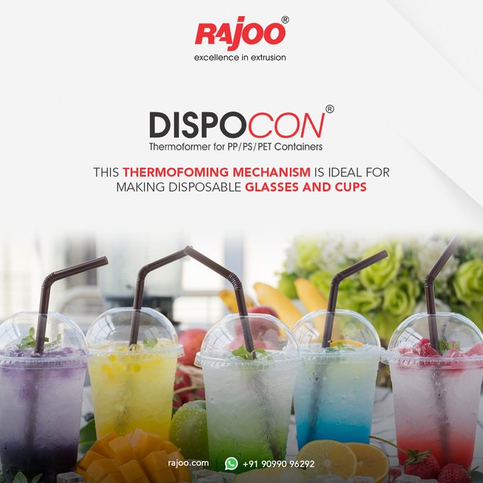 Dispocon thermoformers are reliable machines used to produce sturdy disposable cups and glasses.   <br />For more information,  Visit our website: https://rajoo.com/dispocon.html <br />#RajooEngineers #dispocon #reliable #Mechanism #extrusion #packaging #bevrages #food #rajkot #plastic #machinery