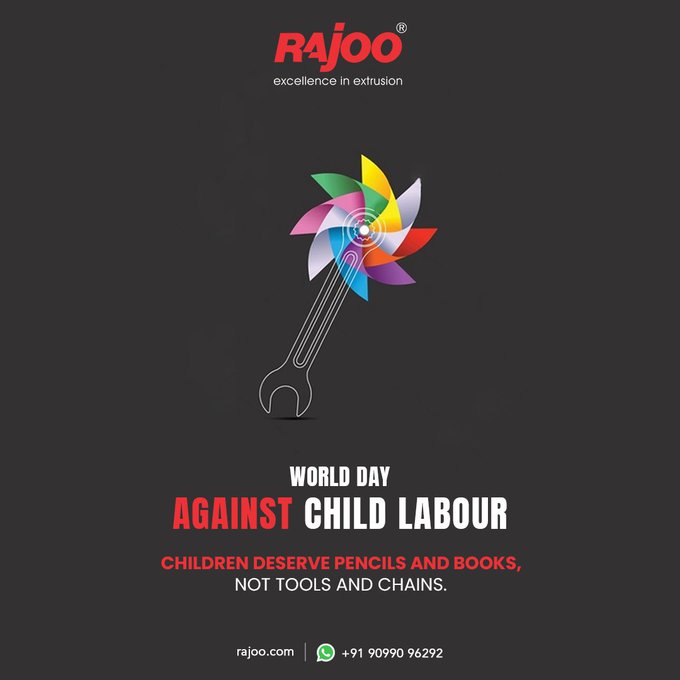 Children deserve pencils and books, not tools and chains.<br /><br />#saynotochildlabour #worlddayagainstchildlabour #givethemeducation #educatechildren #educatekids #stopchildlabour #standupagainstchildlabour #RajooEngineers #Rajkot #PlasticMachinery #Machines