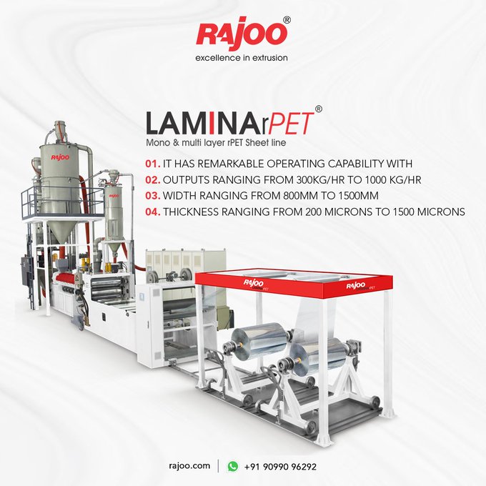 Lamina presents the ultimate in sustainability and efficiency! Our sheet extrusion lines offer single and twin-screw two-layer (ABA) concepts, enabling high recycled material usage. <br />https://rajoo.com/lamina_rpet.html<br /><br />#LaminaExtrusion #RecycledMaterials #RajooEngineers  #PlasticMachinery