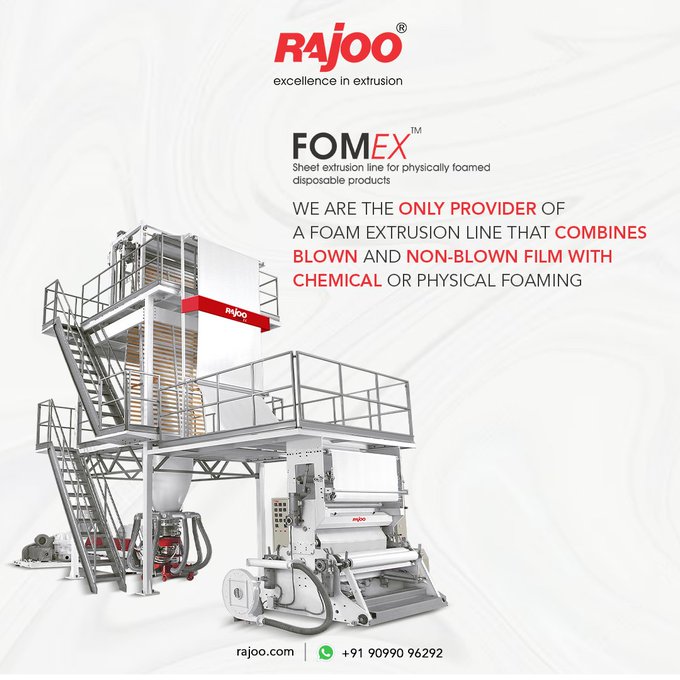 The foam extrusion line we offer is unmatched in that it incorporates both blown film and sheet extrusion techniques, and is capable of producing either chemical or physical foaming.<br />https://rajoo.com/fomex.html<br /><br />#RajooEngineers #PlasticMachinery #Machines #Packaging #Development