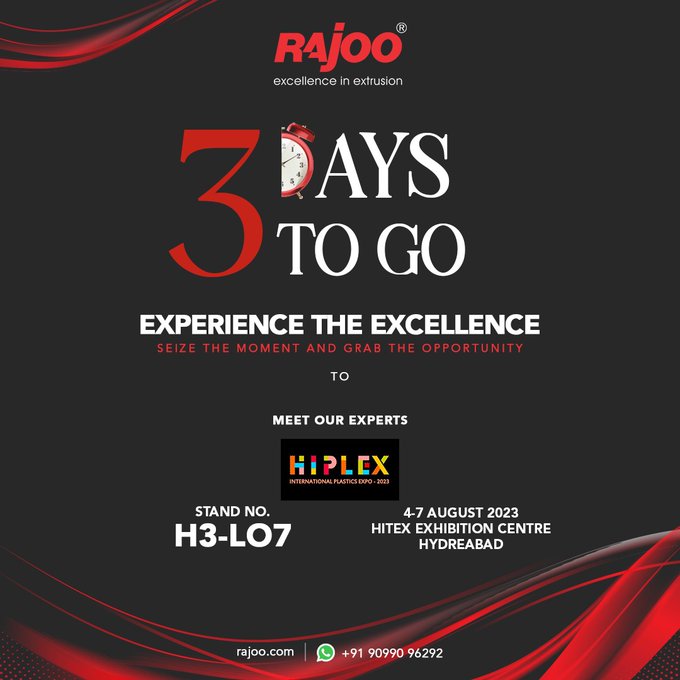 Ready to witness groundbreaking improvements in extrusion?<br />We've got expert advice waiting for you! Join us at Stand No. H3-LO7, HITEX Exhibition Centre in Hyderabad.<br />The countdown has begun! <br />Don't miss out!<br /><br />#HIPLEX2023 #RajooEngineers #Rajkot #PlasticMachinery #PlasticIndustry