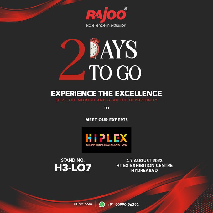 Excitement alert!<br />Get ready to witness groundbreaking innovations and extrusions in the world of technology! Just 2 days left for the big event! Meet us at HIPLEX Expo and immerse yourself in a world of knowledge and inspiration.<br /><br />#HIPLEX2023 #RajooEngineers #PlasticMachinery