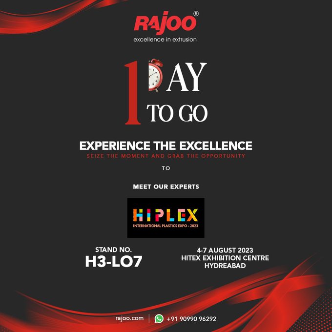 Countdown begins!<br />Are you ready for the most groundbreaking expo of the year? Come join us tomorrow to witness the best experts in the industry and unlock infinite knowledge about extrusion technology.<br /><br />Don't miss out!<br /><br />#ExtrusionTech #RajooEngineers #PlasticMachinery #Plastic