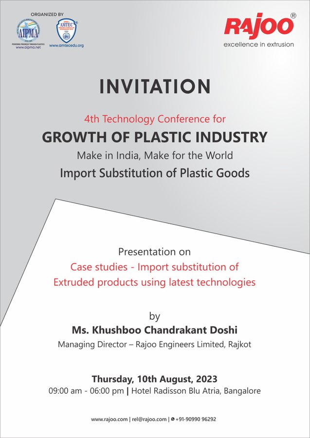 We're thrilled to invite you to the 'Make in India – Make for the World' conference, where we'll be focusing on Import substitution of Plastics goods.<br /><br />For Registration link https://amtecedu.org/technology-conference/<br /><br />#TechConference #PlasticIndustry #MakeInIndia #GlobalImpact #RajooEngineers