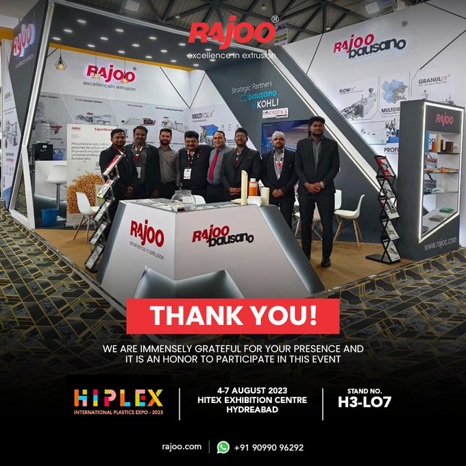 A Heartfelt Thank You!<br /><br />Your presence has made this event truly special, and we're humbled by the honor of your participation.<br /><br />#HIPLEXexpo #HIPLEX2023 #extrusionevolution #PlasticsExhibition #Exhibition #Extrusion #Seminar #RajooEngineers #PlasticMachinery #PlasticIndustry