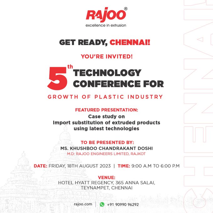 Get Ready, Chennai, for an enlightening presentation by the esteemed Managing Director of Rajoo Engineers, Ms. Khushboo Chandrakant Doshi.<br /><br />For Registration. ; https://amtecedu.org/technology-conference/<br /><br />#TechConference #PlasticIndustry #MakeInIndia #GlobalImpact #RajooEngineers #PlasticIndustry