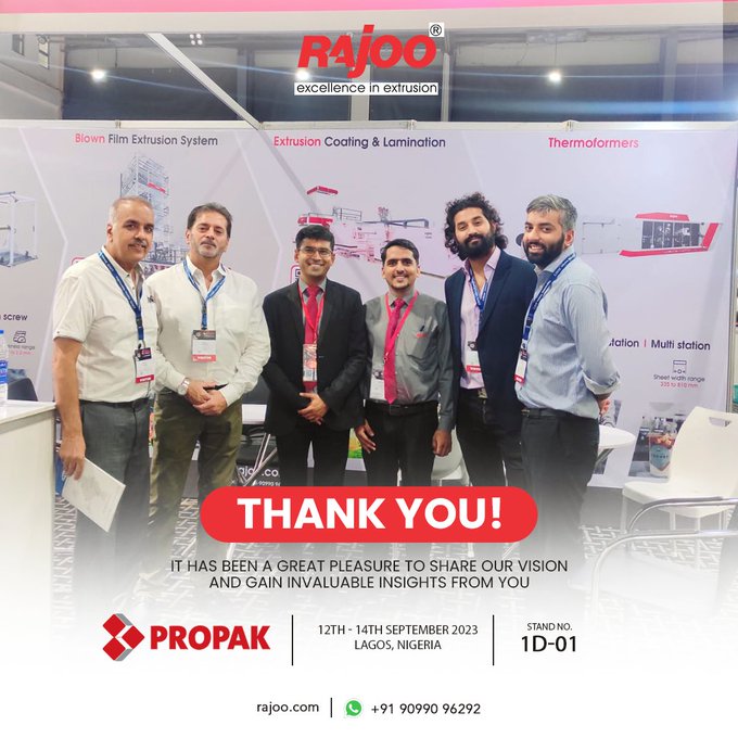 We extend our heartfelt gratitude for the invaluable opportunity, and our sincere thanks to all esteemed visitors and cherished clients for gracing us with their presence. <br /><br />#PropakWestAfrica2023 #PropakWA #IndustryLeaders #RajooEngineers #PlasticMachinery  #PlasticIndustry