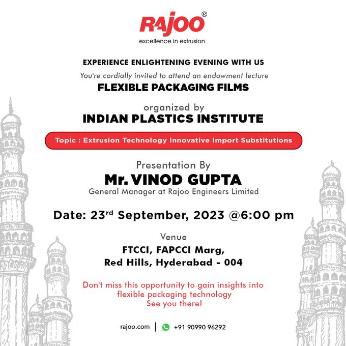 Uncover the world of Flexible Packaging Films at our lecture by the Indian Plastics Institute.<br /><br />Date: 23rd September,2023<br /><br />Time: 6:00 pm<br /><br />Venue: FTCCI, FAPCCI Marg,<br /><br />Red Hills, Hyderabad - 004<br /><br />#FlexiblePackaging #Innovation #ExtrusionTechnology #IndianPlasticsInstitute