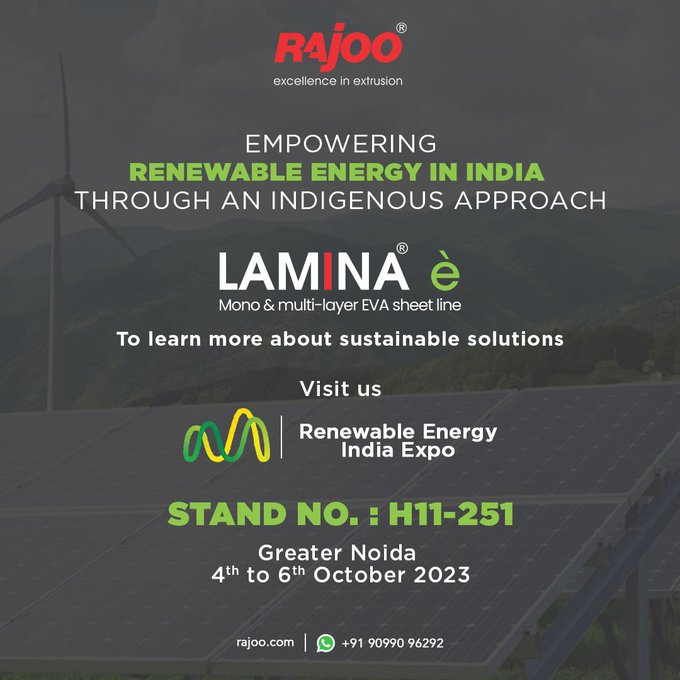 Empowering India with indigenous innovation! Lamina-E leads the way in renewable energy solutions and revolutionizing sustainability. <br /><br />Date: 4th to 6th October, 2023<br />Stand No: H11-251 <br />Venue: Greater Noida<br /><br />#RenewableEnergy #RajooEngineers #PlasticMachinery  #PlasticIndustry