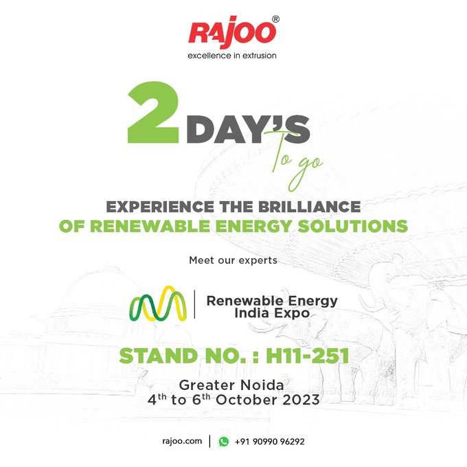 Get charged up for the upcoming Renewable Energy Expo! With just 2 days left, we're gearing up to connect you with industry experts who are leading the way towards a sustainable future. Visit us.<br /><br />#Innovation #RenewableEnergy  #RajooEngineers #PlasticIndustry  #PlasticMachinery