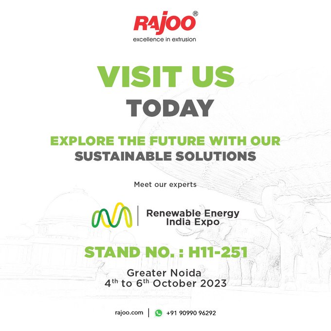 Explore the future with our sustainable solutions at the Renewable energy expo and meet our experts from this place! Connect with the innovators shaping tomorrow's energy landscape.<br /><br />Don't miss out!<br /><br />#Innovation #GreenerFuture #RenewableEnergy #RajooEngineers #PlasticIndustry