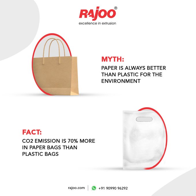 Challenging the Myth. Did you know that paper isn't always the eco-friendly choice? Contrary to popular belief, paper bags can actually result in 70% more CO2 emissions than plastic bags.<br /><br />#SustainableSolutions #EnvironmentFacts #RajooEngineers #PlasticMachinery #PlasticIndustry