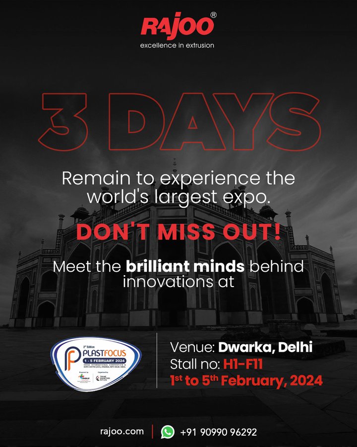 Only 3 days left to witness groundbreaking innovations at PLASTFOCUS-2024, the world's largest gathering of minds in plastics. Don't miss the chance to connect with the pioneers of extrusion technology, shaping the future of the industry.<br /><br />#Plastfocus2024 #RajooEngineers